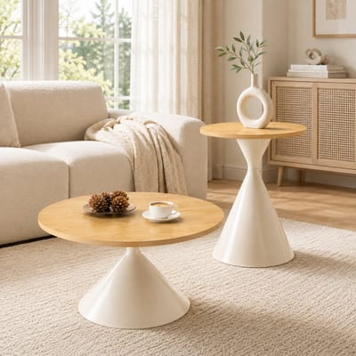 Salontafel Set van 2 - Ronde Tafels met Houtlook - Ruimtebesparend Design - Woonkamer - Hout & Crème