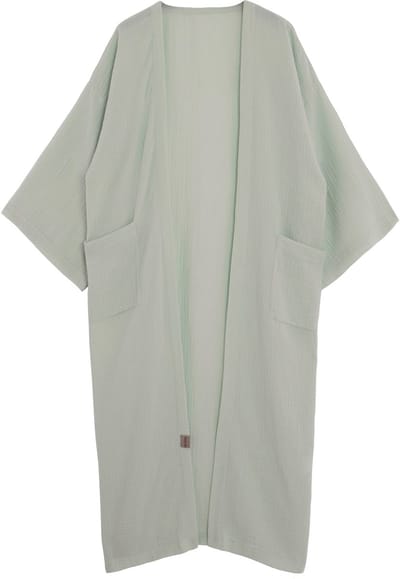 Knit Factory Elva Lange Kimono Vest Dames - Damesvest met Steekzakken - Mousseline vest voor de lente en zomer - 100% Ecologisch Katoen - Olive Mist - 36/42