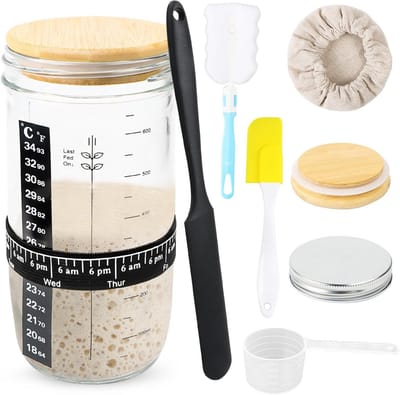 Zuurdesem Starterset - Fermentatiepot - Zelf Brood Maken - Compleet Inclusief Temperatuurstickers - 700ml - Geel