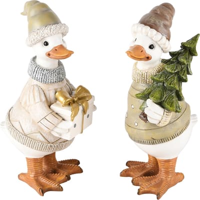 Dekoratief | Eend staand m/cadeautje/boompje, resina, 10x12x23cm, set van 2 stuks | A245490