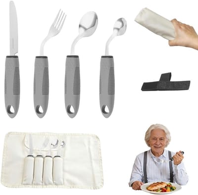 Praktische 4-delige bestekset voor Parkinson, gewogen bestek voor senioren, antislip en 42° gebogen, geschikt voor trillende of zwakke handen, ideaal voor rechtshandigen