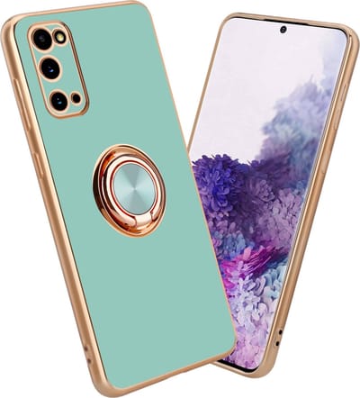 Cadorabo Hoesje geschikt voor Samsung Galaxy S20 in Glossy Turquoise - Goud met ring - Beschermhoes van flexibel TPU-silicone Case Cover met camerabescherming en magnetische autohouder