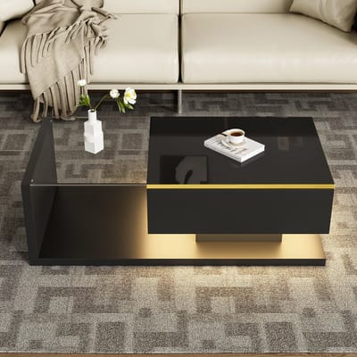 MODFU Couchtafel - Opbergruimte En Led-Verlichting - Modern - Woonkamer - Spaanplaat En Glas - Zwart - 100 X 50 X 32,5 Cm