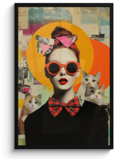 Poster in lijst - Fotolijst 60x90 cm - Posters - Vrouw - Bril - Strik - Retro - Posterlijst zwart - Decoratie - Wanddecoratie woonkamer - Muurdecoratie slaapkamer