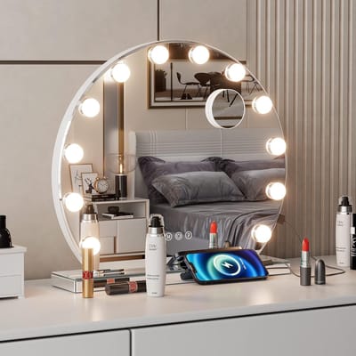 Puluomis Hollywood Spiegel 50CM - Rond - 12x LED Lampen - Make Up Spiegel met verlichting - USB Oplaadpoort - 10x Vergroting - 3 lichtstanden - Dimbaar - Smart Touch