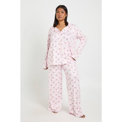 boohoo Dames Plus Martinis Print Lange Mouw Shirt & Broek Pyjama Set | Pink | Maat: 16