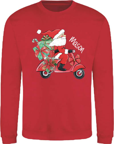 Grappige Kerst sweater met Kerstman op Scooter – Met Eigen Naam – Rood maat 86/92 – Livingstickers