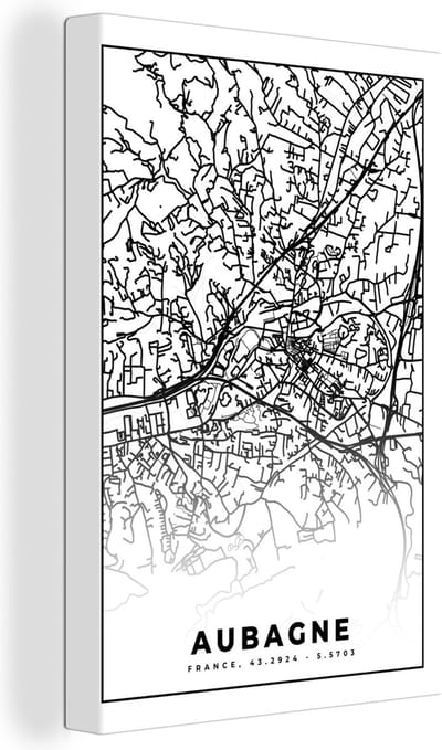 Canvas Schilderij Plattegrond - Kaart - Frankrijk - Stadskaart - Aubagne - Zwart wit - 20x30 cm - Wanddecoratie