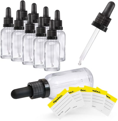 Oputec 10 x 30ml pipetfles helder glas – doseerfles met glazen pipet + etiketten