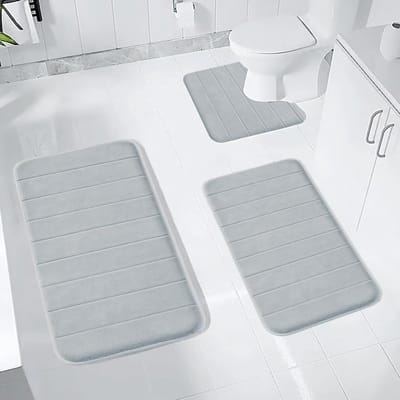 Zachte en Sneldrogende Badkamer Mat Set van 3 Stukken - Antislip Coral Fleece in Lichtgrijs, Ideaal voor Comfort en Veiligheid
