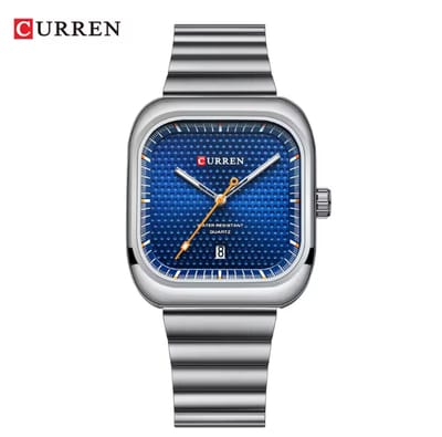 CURREN Horloge 8460 - Zilverkleurig-Blauw – Heren - Quartz - Vierkante Kast - Kalender - Stalen Band - Fris en Zakelijk