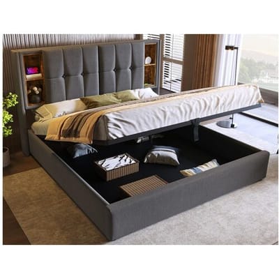 ModernLuxe Gewatteerd opbergbed 180x200 cm - met draadloos opladen en opberghoofd - katoenen stof - Grijs