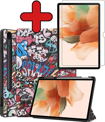 Hoesje - Geschikt voor Samsung Galaxy Tab S7 FE - Met Screenprotector - Trifold Bookcase Hoes - Hard Cover Case - Met Uitsparing Geschikt voor S Pen - Hardcover Book - Tablethoes - Graffity