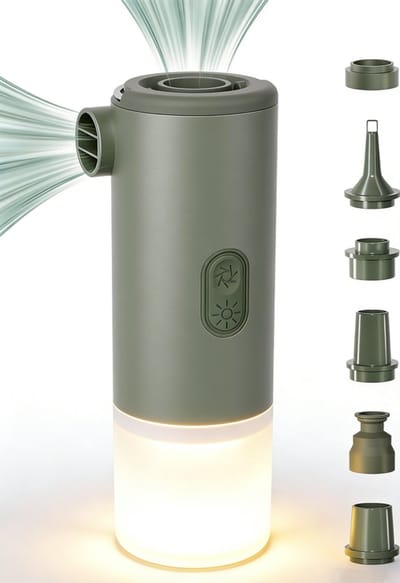 KZQ Elektrische luchtpomp met campingzaklamp; kan gebruikt worden als ontluchtingspomp op de camping, als opblaaspomp voor luchtmatrassen in het zwembad of als draagbare luchtpomp voor op reis (groen).