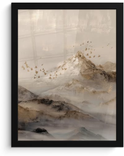 Poster in lijst - Fotolijst 30x40 cm - Posters - Berglandschap - Mist - Penseelstreken - Posterlijst zwart - Decoratie - Wanddecoratie woonkamer - Muurdecoratie slaapkamer