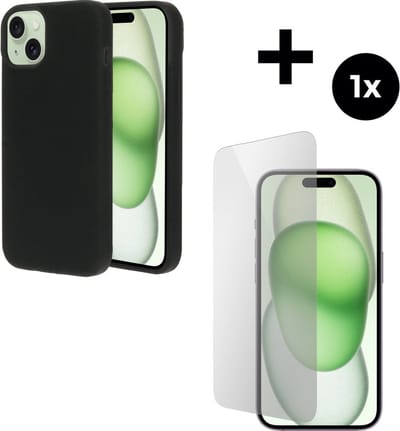 Mobiparts Silicone Cover MagSafe hoesje geschikt voor Apple iPhone 15 Plus - MagSafe - met 1 Screenprotector van Gehard Glas - Zwart