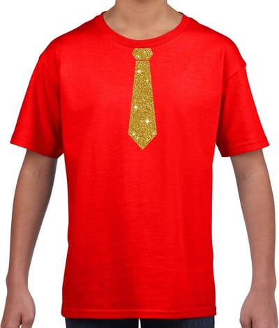 Verkleedkleding t-shirt - rood - met kleine Stropdas - goud glitters - voor kinderen - carnaval 122/128