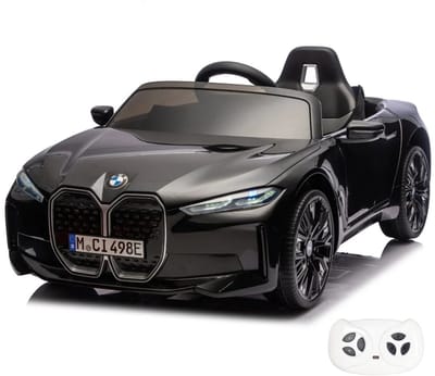 BMW i4 Full Option Elektrische Kinderauto 1 tot 6 jaar – Officieel Gelicentieerd Accuvoertuig met Lederen Zitje, Schokdempers & Bluetooth – 12V Kinderauto met Afstandsbediening, Werkende Deuren & Soft-Start – Zwart