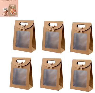 6 stuks - Verpakkingstas met klep en venster - Tote bag - 14 x 7 x 20cm - Cadeaupapieren tas - Grote cadeautas - Kraft papieren tas met venster - Staande cadeautas met handvat - Bruine cadeautas