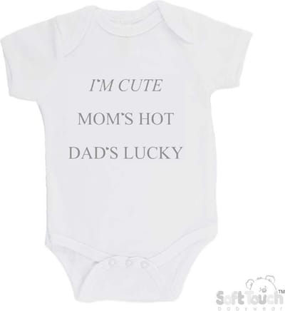 100% katoenen Romper "I'm cute Mom's hot Dad's lucky" Unisex Katoen Wit/grijs Maat 56/62