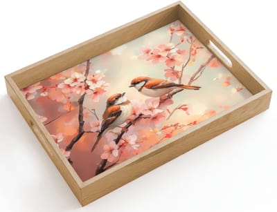 Dienblad hout 40x30 cm - Schootdienblad - Vogels - Romantic - Bloesemtak - Borrelplank rechthoek - Plateau dienbladen