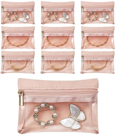 Dailygoods- Sieradentas Draagbaar Formaat 12x8cm - 10 Stuks - Ritsontwerp - Lichtgewicht - Roze - Bescherming tegen Krassen - Juwelentas
