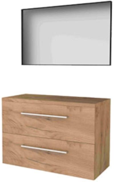 Basic-Line Framed 46 Badkamermeubelset - 100 x 46 cm - Met Grepen - 2 Lades - Wastafelblad - Spiegel met Zwart Aluminium Frame - Whisky Oak