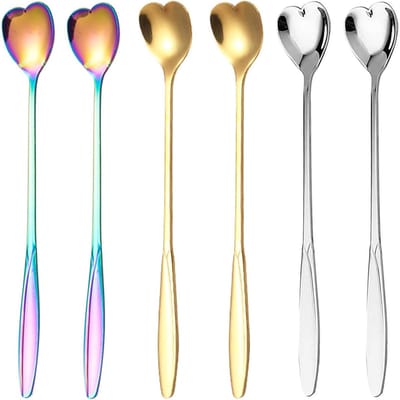 Koffielepels in Hartvorm, RVS Lange Theelepels voor Dessert en IJs, 6 Stuks in Roze Goud en Zilver, Perfect voor Koffie, Thee en Suiker Mixing