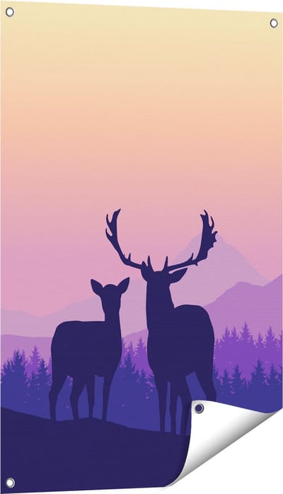Gards Tuinposter Twee Herten - Zonsondergang - Silhouet - 60x90 cm - Tuindoek - Tuindecoratie - Wanddecoratie buiten - Tuinschilderij