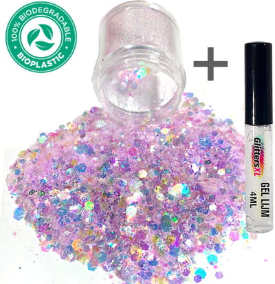 GlittersXL - Chunky Glitters (Lavendel Paars) + Glitter Huid Lijm [Volume 8g - Festival Jewels Glitter Outfit Lichaam en Gezicht - Make-up Diamond Dots Face Body - Diamantjes Strass Steentjes - Kinderen Volwassenen Dames Makeup - Glitter Tattoo Set]