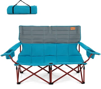 COSTWAY Campingstoel voor 2 personen, klapstoel met verstelbare armleuningen, bekerhouders en draagtas, 272 kg draagvermogen, campingbank, inklapbaar, vouwbank, visstoel voor camping, picknick, blauw