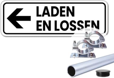 Bord laden en lossen pijl links - Weerbestendig Aluminium - 40x15 cm - Bevestiging: Met paal 120 cm + paalbeugels + paaldop