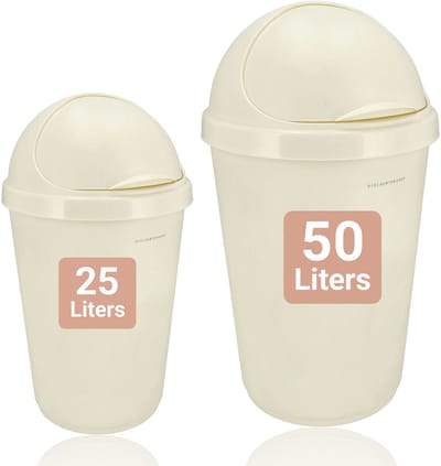 Prullenbak Crème Set – 50L en 25L – Kunststof Flip Prullenbak – Afvalbak met Klepdeksel – Keuken en Badkamer Vuilnisbak – Grote en Kleine Huishoudelijke Afvalemmer – Prullenbakken voor Kantoor