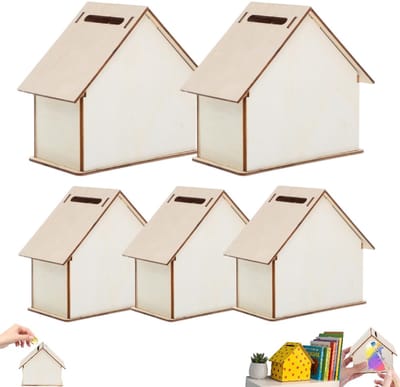 5 stuks - Houten spaarpot - Doe-het-zelf spaarpot - Muntenspaarpot - Natuurlijke houtkleur - Doe-het-zelf houten spaarpot - 3D spaarpot - Modulaire huis spaarpot - Doe-het-zelf houten huisje spaarpot
