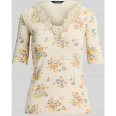 slim fit T-shirt van katoenmix met kant