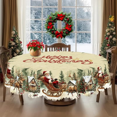 Kerst Vintage Boerderij Tafelkleed met Kerstman, rendieren & Kerstboom prints. Rechthoekige & ronde maten voor Kerst/Nieuwjaarsfeesten, keuken, binnen & Round(180)Cm