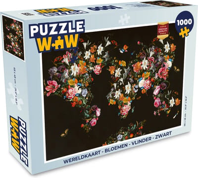 Puzzel Wereldkaart - Bloemen - Vlinder - Zwart - Legpuzzel - Puzzel 1000 stukjes volwassenen