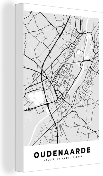 Canvas Schilderij Zwart Wit – België – Plattegrond – Stadskaart – Kaart – Oudenaarde - 20x30 cm - Wanddecoratie