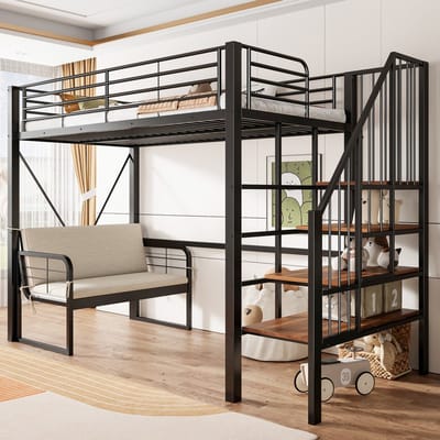 KOMHTOM - Stapelbed - 90 x 200 cm - stevig metalen frame - hoogslaper - met afneembare gestoffeerde bank - opbergruimte - veiligheidstrap - geschikt voor kinderen, tieners en volwassenen - zwart