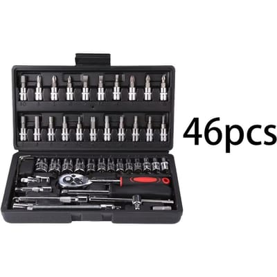 Motorfiets 46-delige 1/4 inch aandrijfdoppen ratelsleutelset complete autoreparatieset voor auto- en fietsonderhoudsgereedschap amagi black