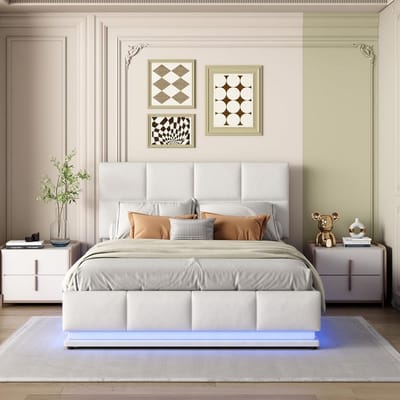 Tweepersoonsbed 140x200 cm met Opbergruimte en LED Verlichting - Gestoffeerd Lattenbodem Bedframe