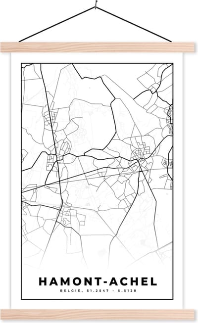 Posterhanger incl. Poster 40x60 cm - Schoolplaat - Kaart – Plattegrond – Stadskaart – Hamont Achel – België – Zwart Wit - Textielposter - Blanke latten - Stadskaart