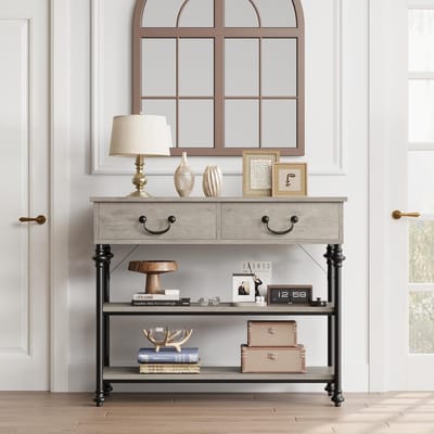 Sidetable, 2 lades en 2 open schappen, rustieke smalle bijzettafel, 100x30x80 cm, grijs