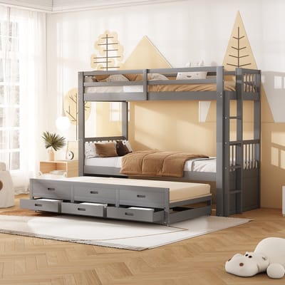 Sweiko Stapelbed 90x200cm, Kinderbed, Huisbed voor meisjes en jongens, Bedframe van grenen en MDF met ladder en Uitschuifbaar bed en 3 laden, Grijs