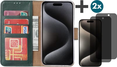 Hoesje met Privacy Screenprotectors 2 Stuks Geschikt voor iPhone 15 Pro – Arara bookcase met pasjeshouder - Groen