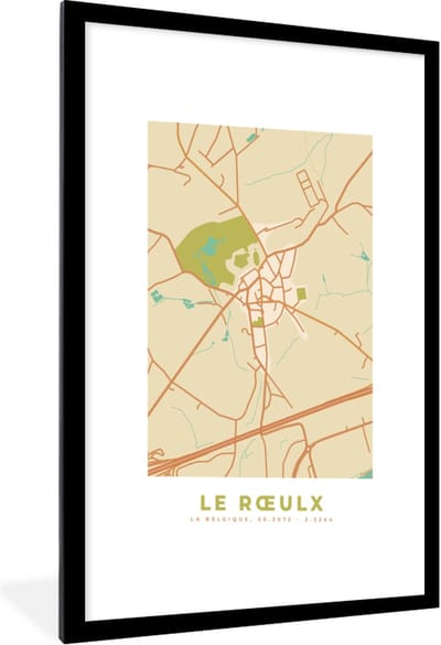 Fotolijst incl. Poster - Stadskaart - La Roeulx - Vintage - Plattegrond - Kaart - 60x90 cm - Posterlijst