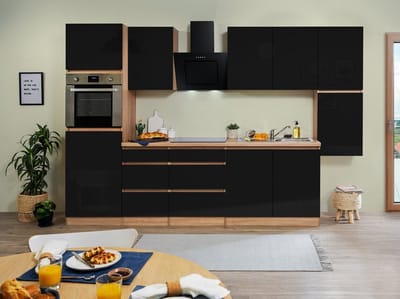 Goedkope keuken 320  cm - complete keuken met apparatuur Lorena  - Eiken/Zwart - soft close - keramische kookplaat    - afzuigkap - oven    - spoelbak