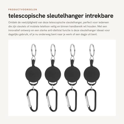 Dailygoods- Sleutelhanger Intrekbaar - 4 Stuks - Anti-diefstal - Nylon Touw - Karabijnhaak - 65 cm Lengte - Lichtgewicht 14 g - Sleutelhouder