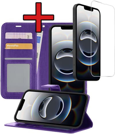 Hoesje - Met Screenprotector - Geschikt voor Apple iPhone 16e / 17e - Luxe Pasjeshouder - Flipcase - Bookcase Portemonee - Flip Case - Kunstleer Book Case - Book Cover - Walletcase - Portemonneehoes - Telefoonhoes - Paars