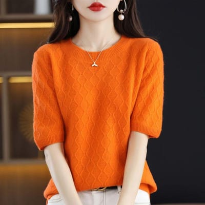 T-shirt d'hiver tricoté à manches courtes pour femmes, ample, basique, à manches mi-longues 3XL orange